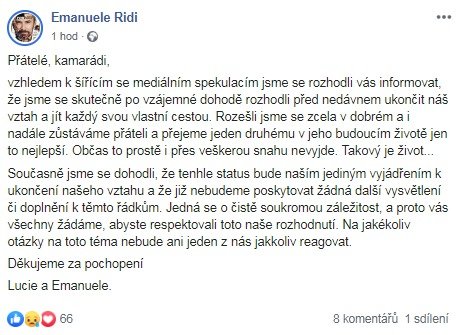 Emanuele Ridi potvrdil rozchod s Hunčárovou na své sociální síti.