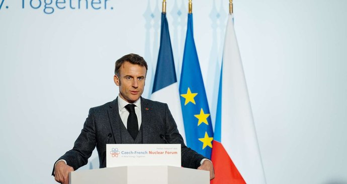 Prezident Emmanuel Macron na konferenci Česko-francouzské jaderné fórum 5. března v pražském Rudolfinu.