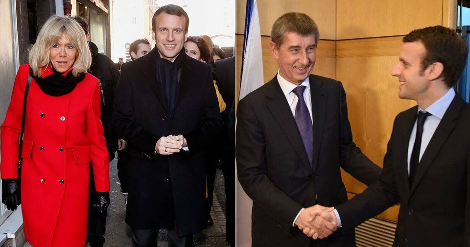 Fravorit voleb ve Francii Emmanuel Macron: Vlevo s manželkou Brigitte, vpravo s Andrejem Babišem