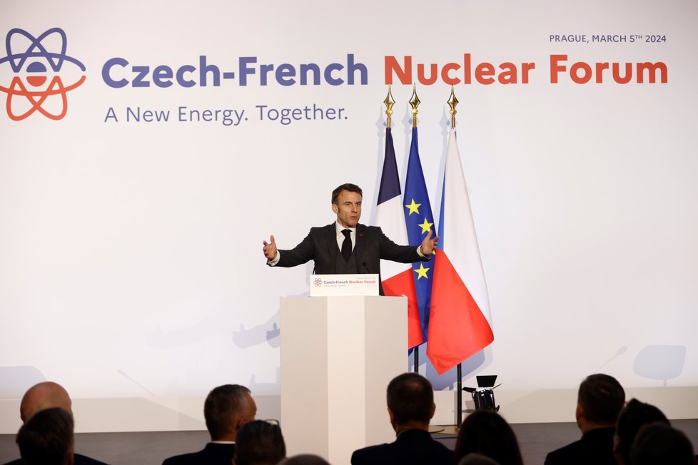 Emmanuel Macron v Praze: Na fóru k jaderné energetice (5.3.2024)