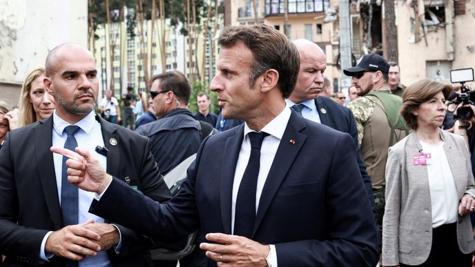 Francouzský preizdent Emmanuel Macron během návštěvy Irpině (16.6.2022)