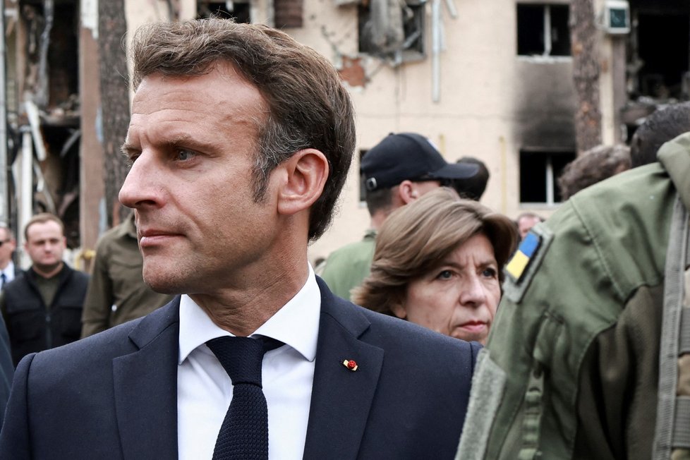Francouzský preizdent Emmanuel Macron během návštěvy Irpině (16.6.2022)