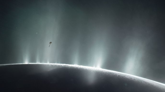 Cassini nad ledovými gejzíry Enceladu (kresba)