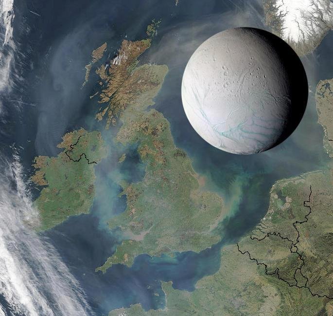 Srovnání velikostí: Enceladus a Britské ostrovy