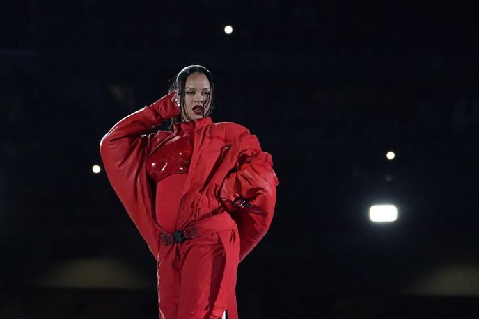 Barbadian singer Rihanna performs during the halftime show of Super Bowl LVII between the Kansas City Chiefs and the Philadelphia Eagles at State Farm Stadium in Glendale, Arizona, on February 12, 2023.,Image: 755621065, License: Rights-managed, Restrictions: , Model Release: no, Credit line: Profimedia