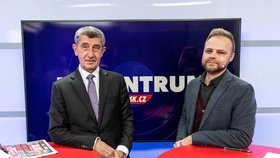 Premiér Andrej Babiš (ANO) byl hostem pořadu Epicentrum dne 5.12.2019. Vpravo moderátor Jakub Veinlich.
