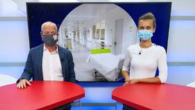 Přednosta urologické kliniky Fakultní nemocnice v Motole Marek Babjuk hostem pořadu Epicentrum vysílaného 28. 4. 2020. Vpravo moderátorka Markéta Volfová.
