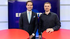 Ekonom Lukáš Kovanda byl hostem pořadu Epicentrum 2. 4. 2019. Vpravo moderátor Bohuslav Štěpánek.