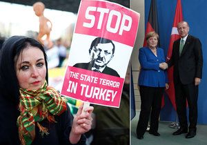 Stop Erdoganovi. Tureckého prezidenta v Německu vítali demonstranti i kancléřka Merkelová