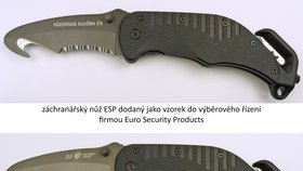 Detail na nože. První je nabízení firmou ESP pro Vězeňskou službu, další prodávaný na webu ESP a třetí je nabízení firmou Mikov, který má upravené logo firmy ESP.