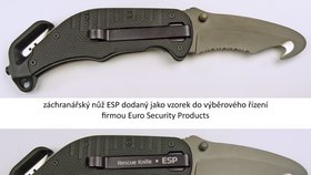 Detail na nože. První je nabízení firmou ESP pro Vězeňskou službu, další prodávaný na webu ESP a třetí je nabízení firmou Mikov, který má upravené logo firmy ESP.