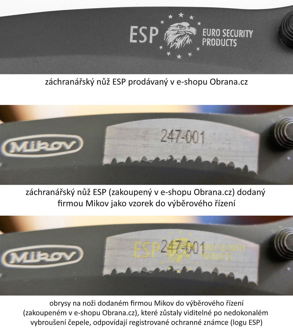 Detail na loga na noži. Na druhé a třetí fotce jsou provedené úpravy, na třetí jsou vidět zbytky špatně vybroušeného loga ESP.
