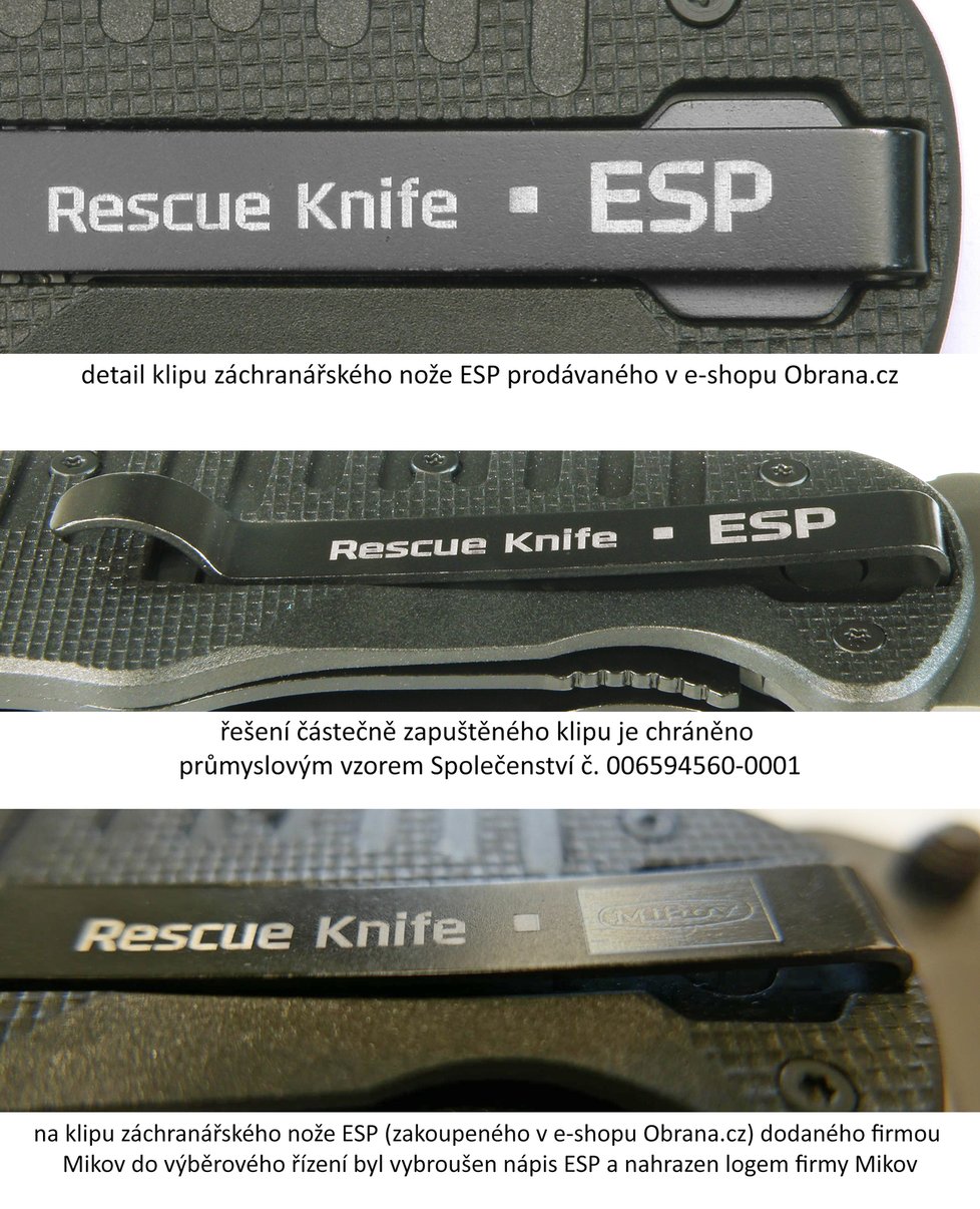 Detail na loga na klipsně u nože. Na druhé a třetí fotce jsou provedené úpravy, na třetí jsou vidět zbytky špatně vybroušeného loga ESP.