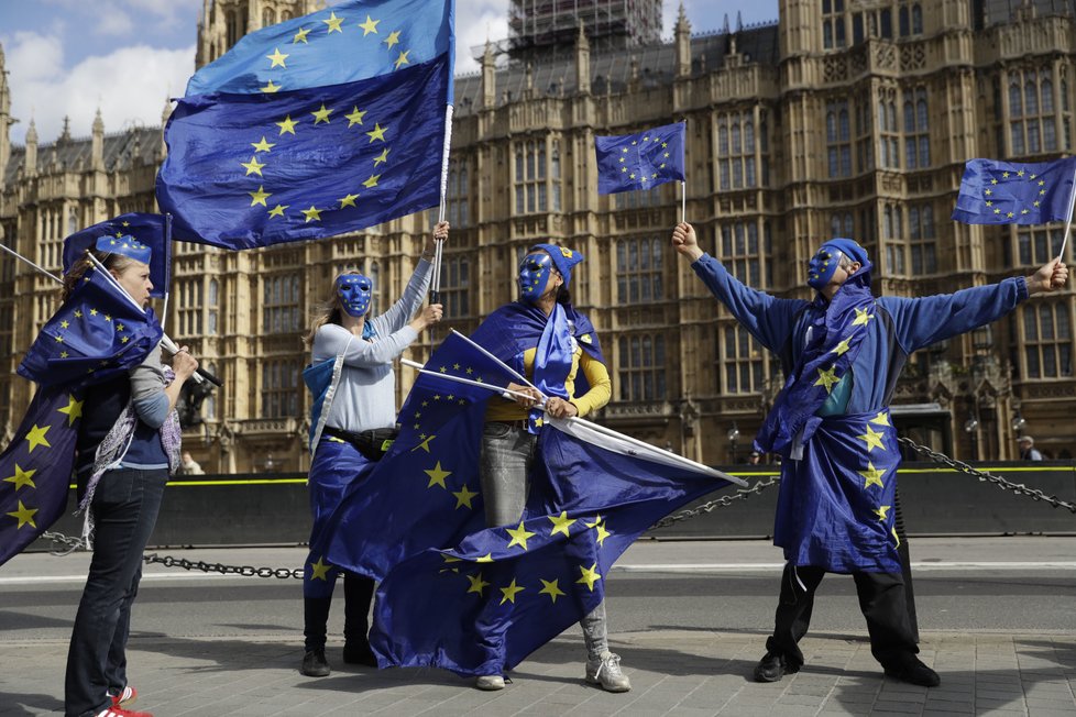 Lidé protestující vůči odchodu Británie z EU