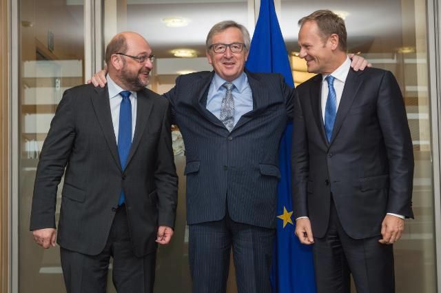 Eurovůdci: předsedové Parlamentu, Komise a Evropské rady Martin Schulz, Jean-Claude Juncker a Donald Tusk