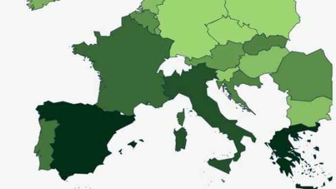 Nezaměstnanost v Evropě (celá mapa níže v článku)