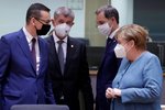 Summit evropských lídrů v Bruselu (2. 10. 2020): Německá kancléřka Angela Merkelová, belgický premiér Alexander De Croo, polský premiér Mateusz Morawiecki a český premiér Andrej Babiš