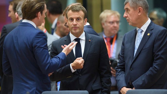 Summit EU k migraci: Rakouský kancléř Sebastian Kurz (vlevo), francouzský prezident Emmanuel Macron (uprostřed) a český premiér Andrej Babiš