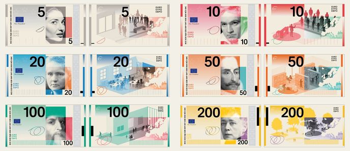 Koláž návrhů nových eurobankovek od Studio Joost Grootens Koláž návrhů nových eurobankovek od Studio Joost Grootens