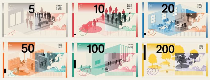Koláž návrhů nových eurobankovek od Studio Joost Grootens Koláž návrhů nových eurobankovek od Studio Joost Grootens