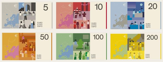 Koláž návrhů nových eurobankovek od Neue Gestaltung GmbH Koláž návrhů nových eurobankovek od Neue Gestaltung GmbH