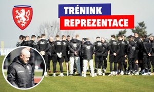 Reprezentace na Strahově v kompletní sestavě. První trénink pod Haškem