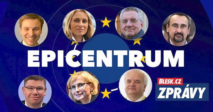 Lídři stran do eurovoleb, zleva nahoře: Kolaja (Piráti), Charanzová (ANO), Zahradil (ODS), Poc (ČSSD), Pospíšil (TOP 09), Konečná (KSČM) a Svoboda (KDU-ČSL)