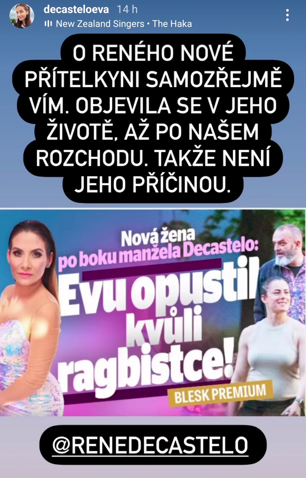 Eva Decastelo reaguje na milenku svého manžela.