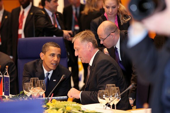 České předsednictví v EU 2009: Summit EU-USA, Barack Obama s Mirkem Topolánkem.
