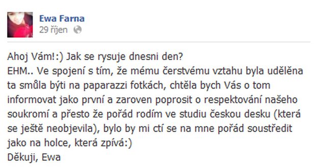 Ewa svým fanouškům na Facebooku o novém příteli řekla již 29. října.