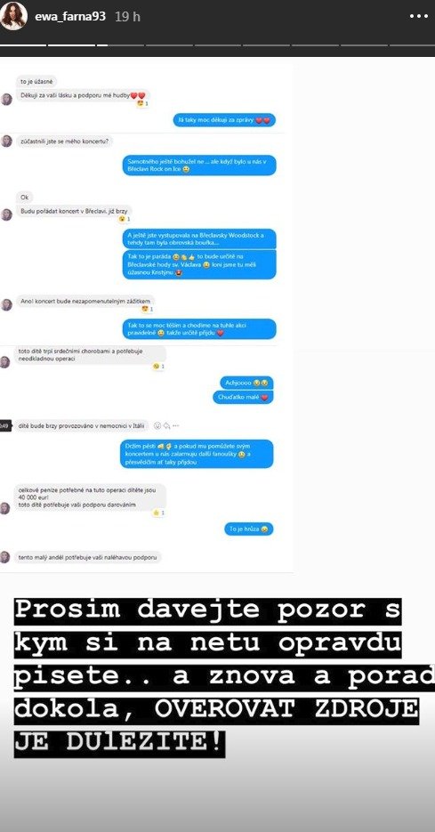 Zpěvačka Ewa Farna sdílela konverzaci fanouška s podvodníkem, který se za ni vydával.