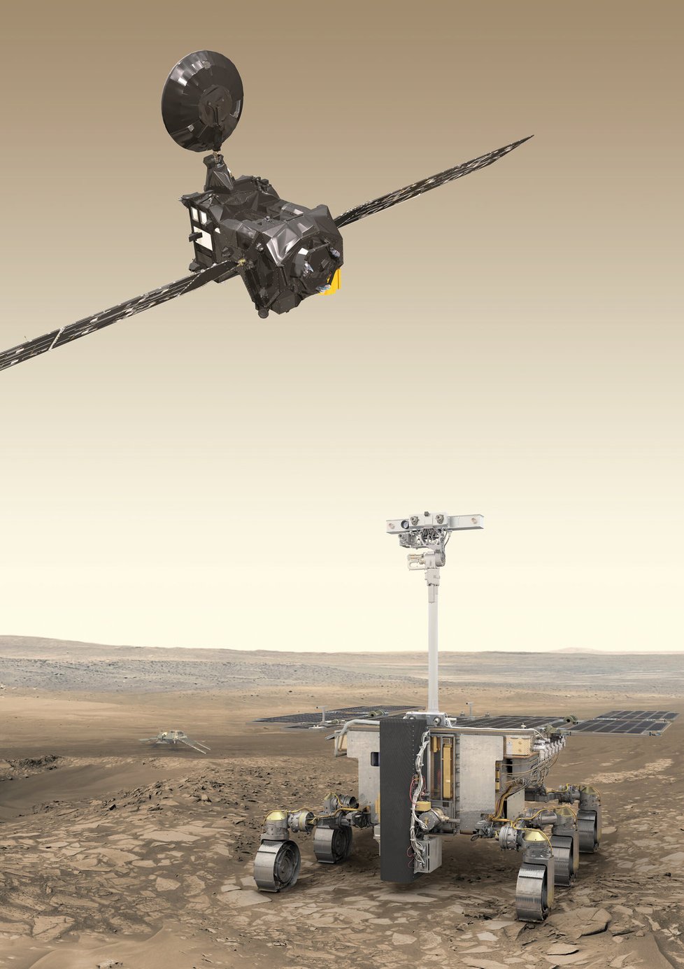 Mise ExoMars: Evropský orbiter TGO a rover Rosalind Franklin.