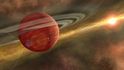 mělecké ztvárnění mladé planety na vzdálené oběžné dráze kolem hostitelské hvězdy