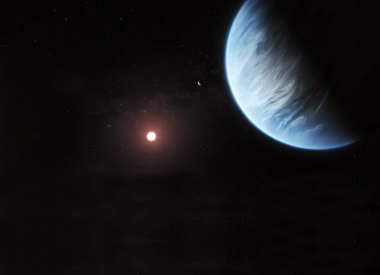 Kresba vodní exoplanety K2-18b, která je více než dvakrát větší než Zem