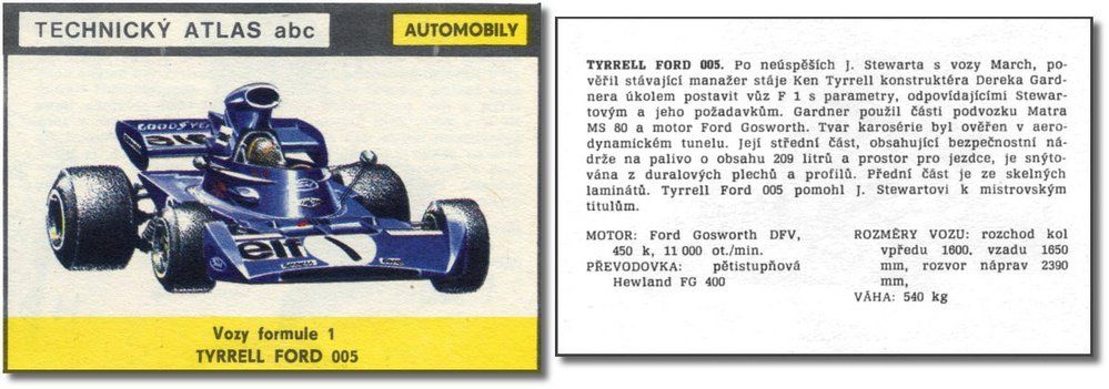 Kartička Atlasu ABC z čísla 24/18 věnovaná vozu Tyrrell Ford 005