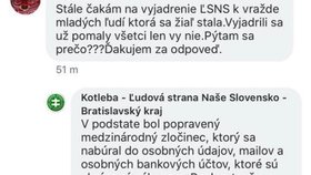 Reakce administrátora facebookové strany Kotleba - Ĺudová strana naše Slovensko – Bratislavský kraj.
