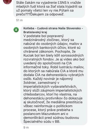 Reakce administrátora facebookové strany Kotleba - Ĺudová strana naše Slovensko – Bratislavský kraj.
