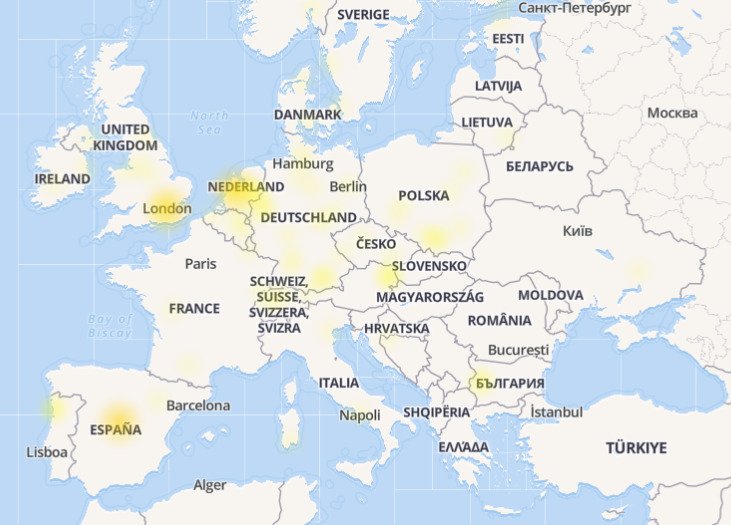 Výpadek facebooku v Evropě tak, jak jej hlásil server Down Detector ve čtvrtek v 16:45.