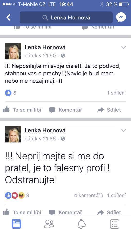 Obětí podvodu se stala i moderátorka Lenka Hornová.
