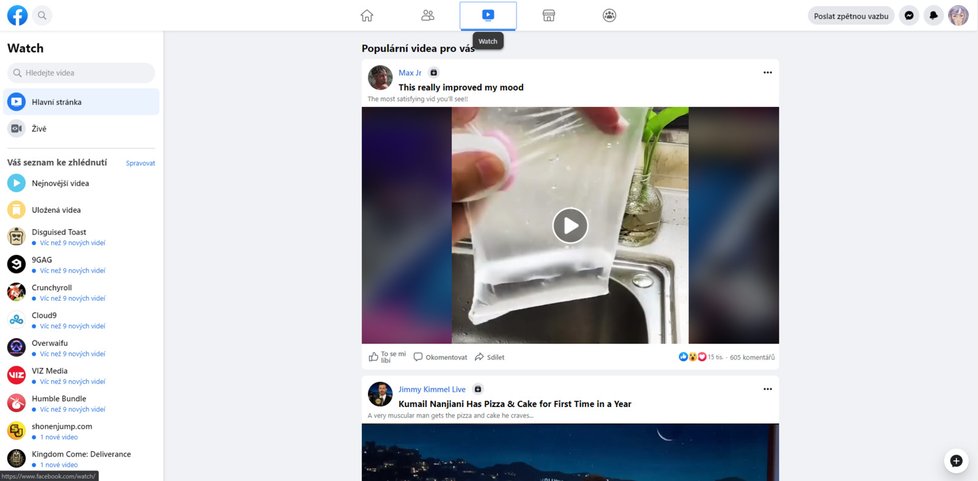 Nechybí ani sekce Watch s videi z celého Facebooku. Síť se zde snaží konkurovat Youtube.