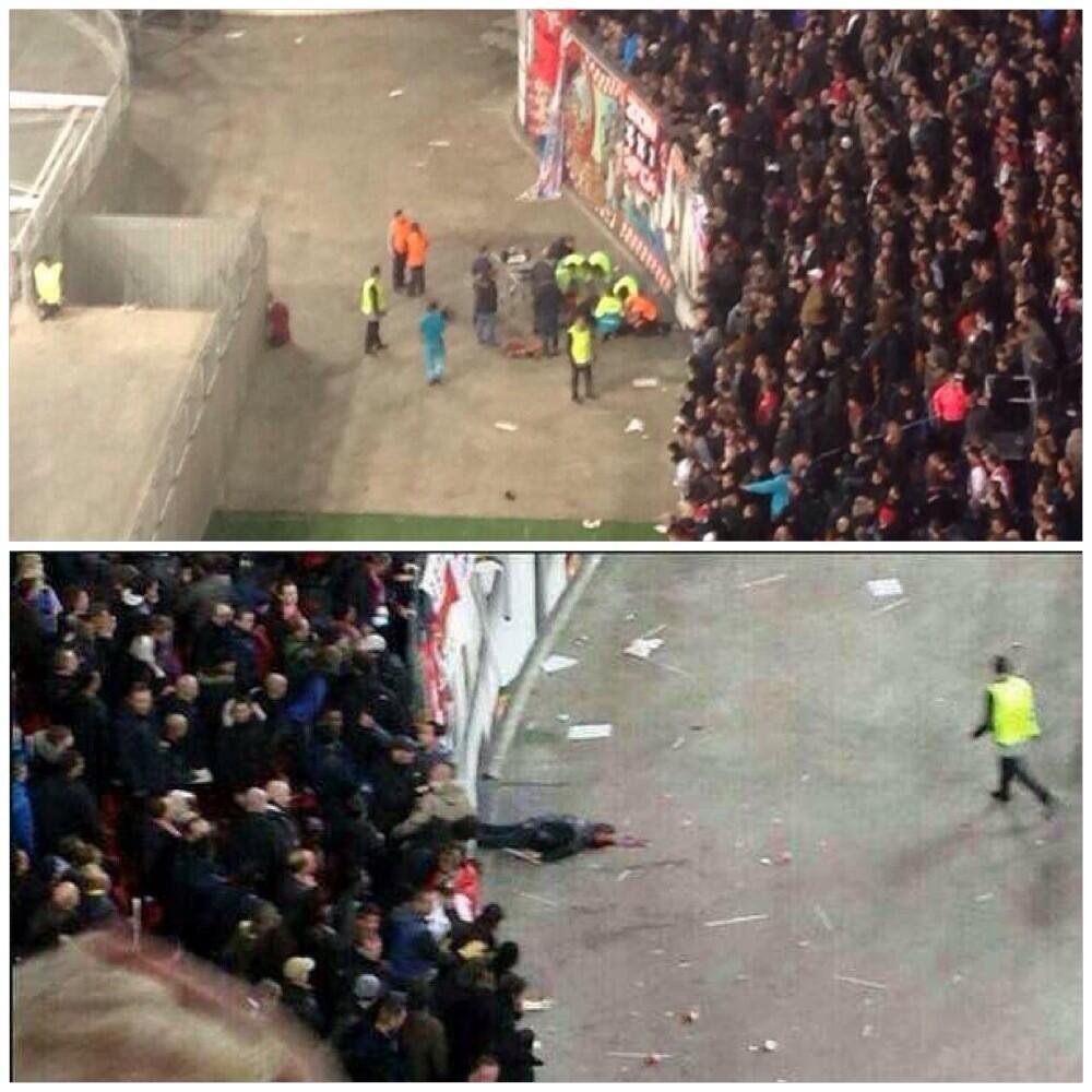 Fanoušek Ajaxu spadl z tribuny, která je vysoká 5 metrů.