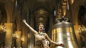 Oslavit odchod papeže Benedikta XVI. vyrazily do katedrály Notre Dame členky hnutí femen