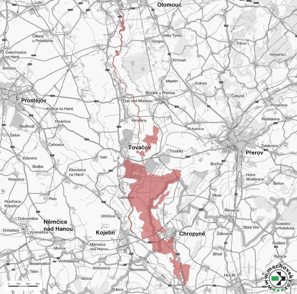 Mapa biokoridoru Chropyňský luh, v jehož blízkosti vede rozšiřovaná trať z Brna do Přerova.