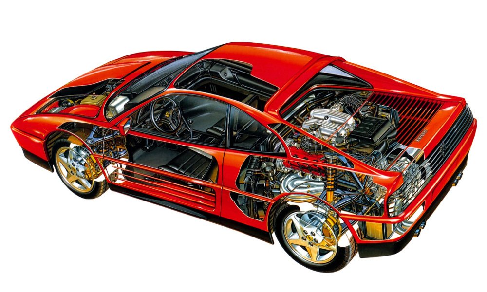 Ferrari 348 mělo vpředu i vzadu nezávislé zavěšení kol s dvojitými trojúhelníkovými závěsy, stabilizátory, teleskopickými tlumiči a vinutými pružinami.