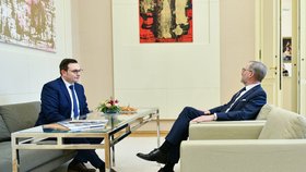 Premiér Petr Fiala (ODS) na bilanční návštěvě na ministerstvu zahraničních věcí se šéfem české diplomacie Janem Lipavským (Piráti) (6.2.2023)