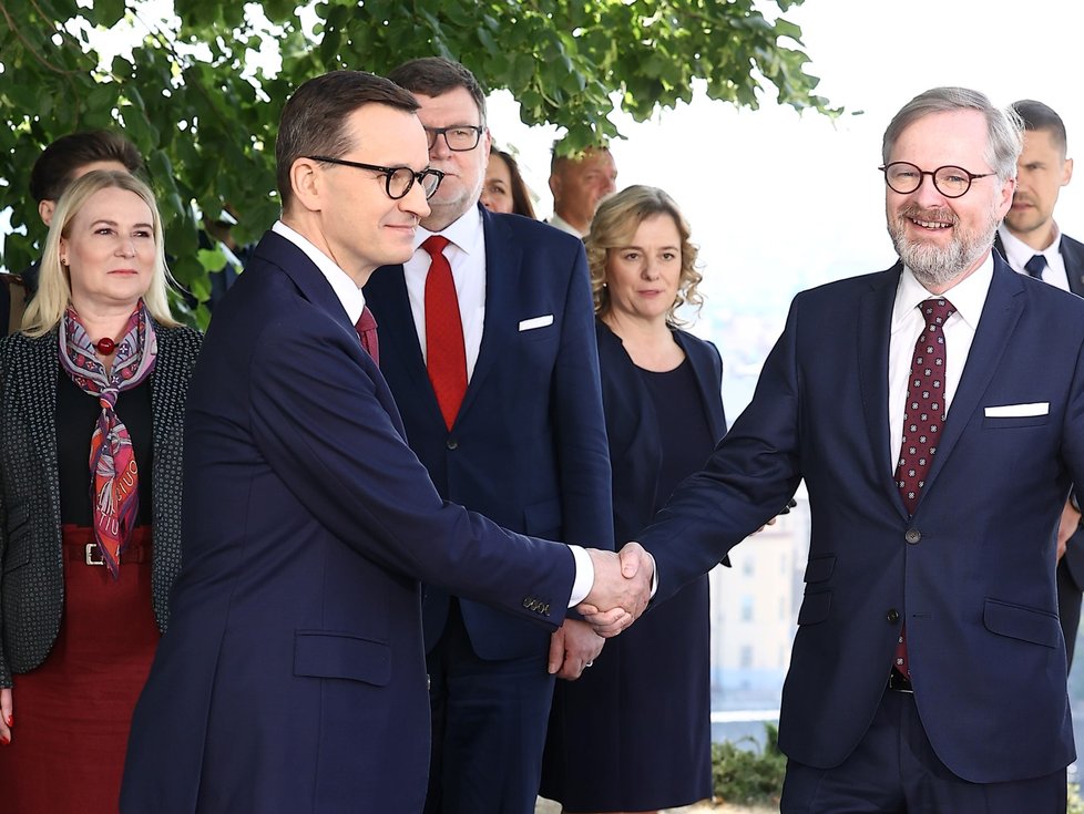 Český předseda vlády Petr Fiala (ODS) s polským premiérem Mateuszem Morawieckim (3.6.2022)