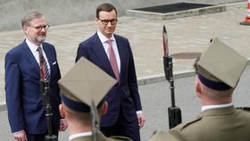 Premiér Polska Mateusz Morawiecki a premiér ČR Petr Fiala (ODS) na návštěvě ve Varšavě (29.4.2022)