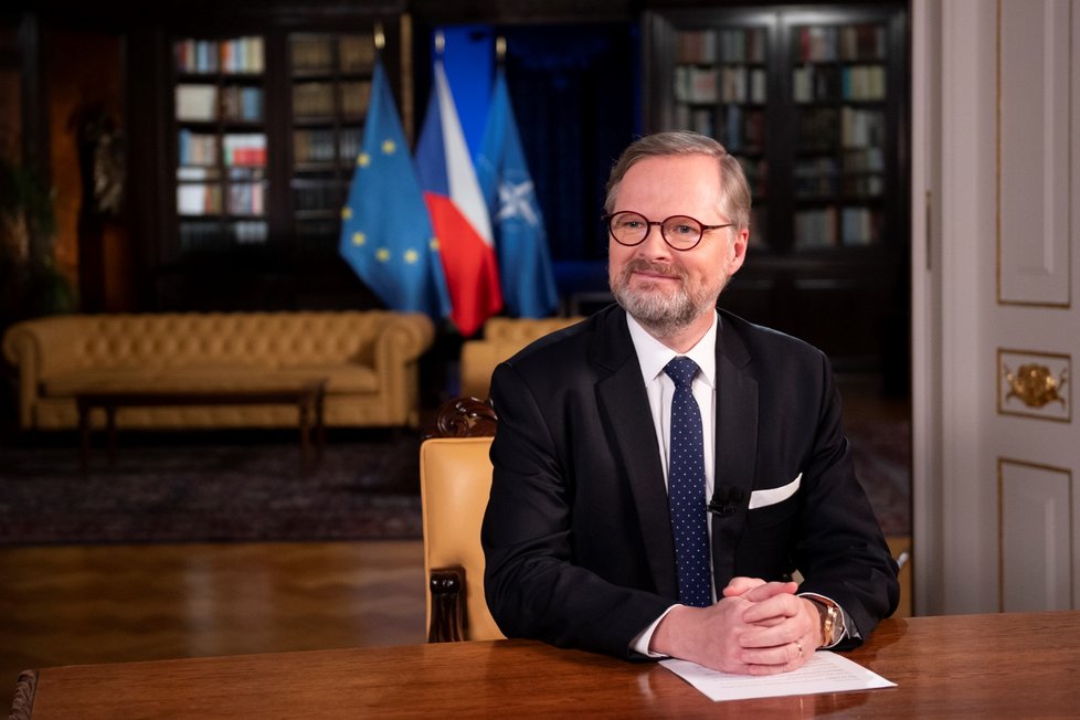 Premiér Petr Fiala (ODS) během novoročního projevu (1.1.2022)