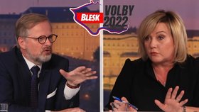 Petr Fiala (ODS) a Alena Schillerová (ANO) v superdebatě Blesku