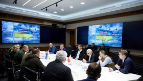 Premiér Petr Fiala s premiéry Polska a Slovinska na návštěvě u ukrajinského prezidenta Zelenského (15. 3. 2022)